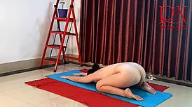 Regina Noir Practices Nude Yoga in White Panties at the Gym with Full Camera View