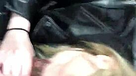 wife deepthroats interracial cock in outdoor car