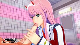 In this anime hentai, zero two performs a passionate blowjob. She sucks deeply with her japanese charm.