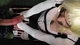 Zoey, the crossdresser, unwinds after work with a blowjob from a shemale