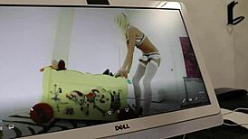 Skinny blonde Jayda stretches her holes with massive toys.