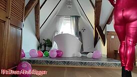 Superheroine in latex cosplay humiliates old cuckold with small penis