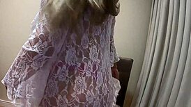 Blonde milf dances sensually in red and white lingerie