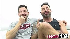 Gay big dicked has bareback sex on couch