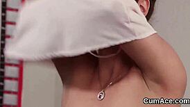 Foxy peach swallows cum load on face in blowbang facial