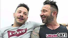 Gay big dicked has bareback sex on couch