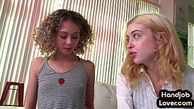 Petite HJ Girlfriend Tugging Boyfriend's Cock with Best Friend's Help in Closeup View