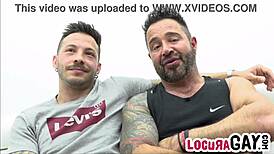 Gay big dicked has bareback sex on couch