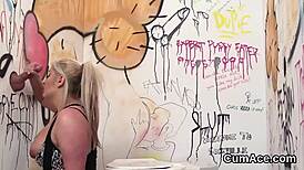 Slutty centerfold swallows jizz in extreme blowbang facial