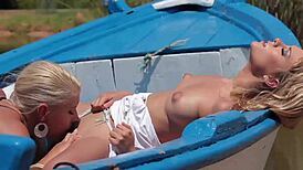 three girls eagerly lick twink's pussy in hot lesbian action!