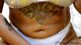 my neighbor bathing in the backyard made a topless lass i couldn't resist when she threw her bikini top on me