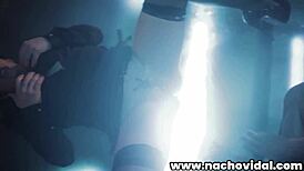 Soraya squirts torrential cascades and nacho slurps puddles from stage floor then porks her pussy and creams pierced tongue