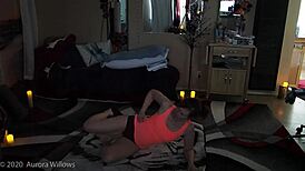 Hey, check this milf mommy in yoga workout showing shaved pussy lips!