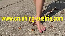 amber plays with feet and food outdoors