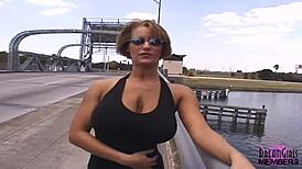 Risky public nudity with mindy's huge tanned tits flashing outdoors