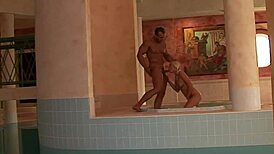 Blonde teen enjoys a relaxing spa session with bodybuilder