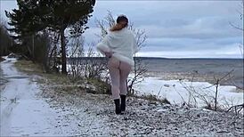 oops, no skirt, just pantyhose on my winter walk, no panties!