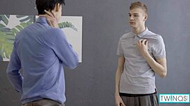 Horny masseur Lucas fingers himself before taking Logan's massive cock in his tight asshole