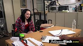 In a fake job interview, the horny teen pornstar gets ready to be fucked hard by a big black cock.