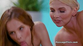 Fat cock shared by oily masseuses in threesome