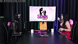 ramona 69 in sheer red lingerie enjoys a bisexual menage with two guys, no chastity involved.