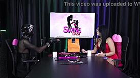 ramona 69 in sheer red lingerie enjoys a bisexual menage with two guys, no chastity involved.