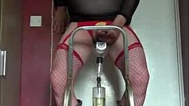 Mark Wright, the crossdressing sissy, tastes his piss and cum in homemade fun.