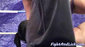 Watch dyke babes wrestle in the boxing ring?