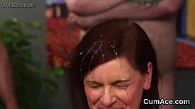 bombshell receives facial cumshot and swallows all sperm