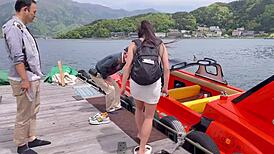 Hey, check out my miniskirt boat ride at Lake Kawaguchi! 🚤