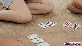 Boring teens turn horny during strip blackjack, leading to wild lesbian threesome 😏