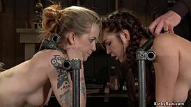 Lesbian Slaves Vibed Hard in Doggy Bondage!