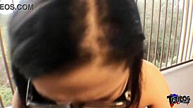 Excited busty delivery girl rides bbc on couch and balcony