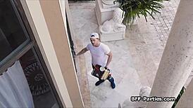 three besties sharing a painter's fat dick in casual fun