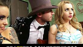 Hot girls in a group orgy share one big cock with licking and muff diving