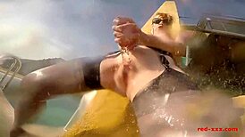 i'm the sexy mature red, masturbating with dildo outside by the pool, oh it's so good