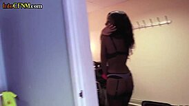 ebony amateur in lingerie jerks cock clothed in femdom group till cumshot
