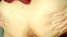 Brunette college girl rides huge dildo