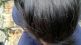 Passionate outdoor blowjob with natural tits flashing in the park