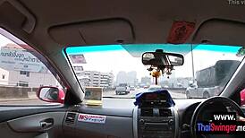 petite asian babe sucks friend's big dick then gets fucked from behind.