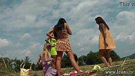 Party Girls Outdoors No Panties And With Lingerie In Miniskirt And Short Sun Dress Try On With Twister Game Play