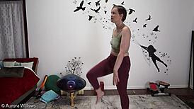 milf in lesson shows cameltoe, ass, and shaved pussy for jerk instructions