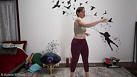 milf in lesson shows cameltoe, ass, and shaved pussy for jerk instructions