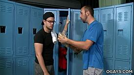 Mature gays deepthroat big cocks in locker room.
