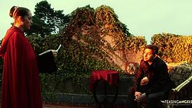 Medieval brunette wench reveals huge tits to lure the prince. She kneels down to suck his cock with skill.