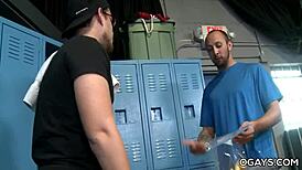 Mature gays deepthroat big cocks in locker room.
