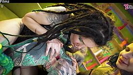 i'm loving these tattooed goth lesbians licking assholes with huge dildos.