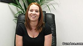 Watch this frisky bombshell get a cumshot on her face and swallow it all!