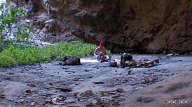 older guy's hard cock fucks her tight holes outdoor