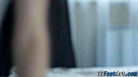 Fetish babes perform oral footjob and handjob on cock.